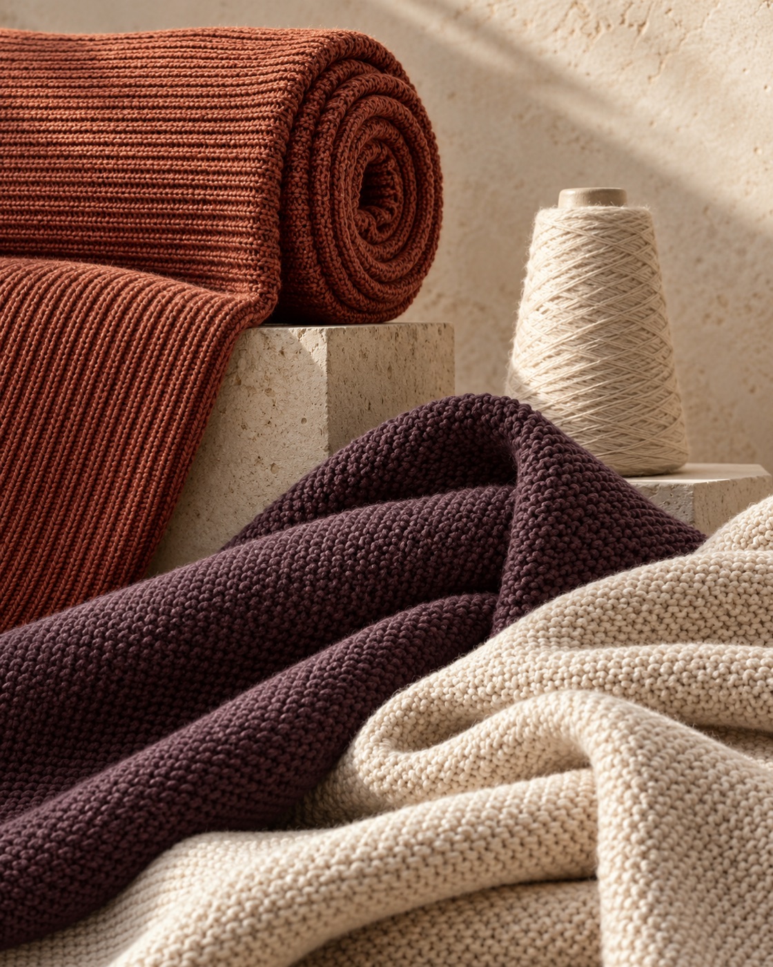 An illustrative still life of knitted fabric, soft folds and yarn